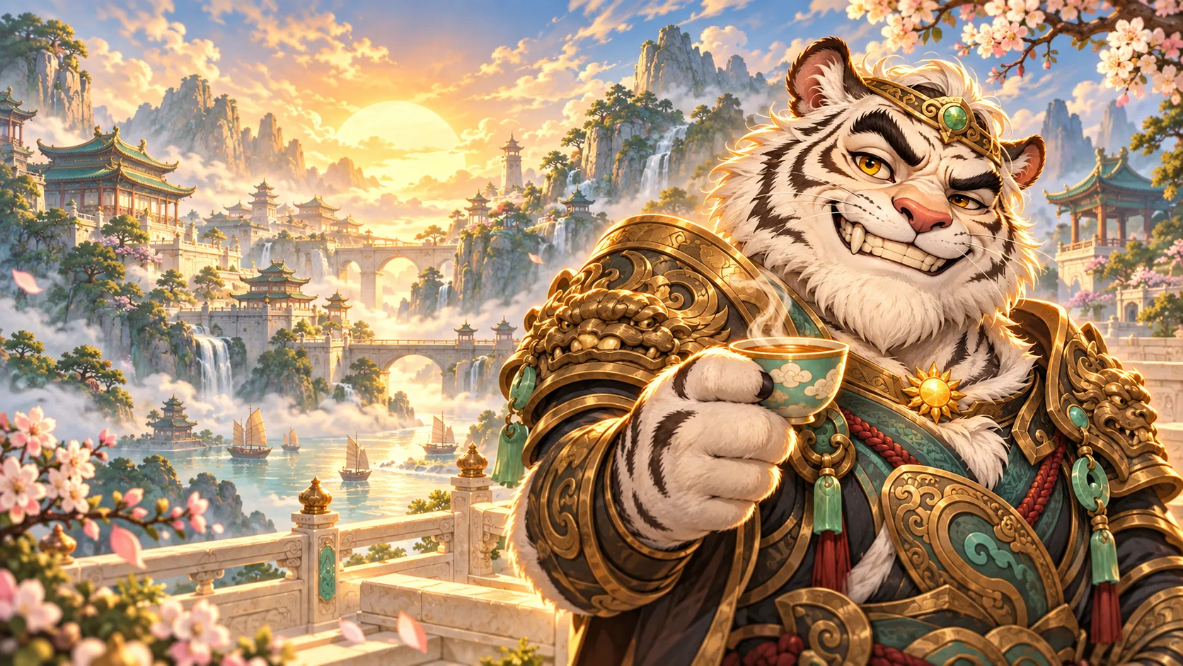 A smiling white tiger guild leader raises a cup of tea above the ancient city at dawn